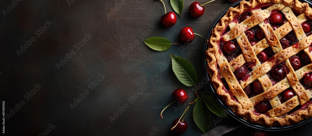 Poster delicious cherry pie displayed on a table with empty copy space image.