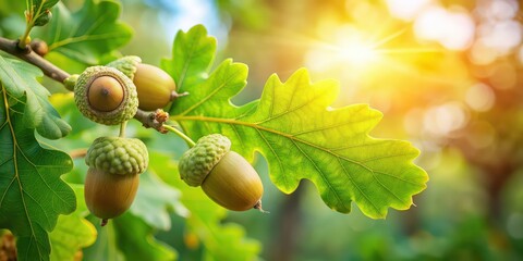 Obraz premium Oak branch with green leaves and acorns on a sunny day, with a blurred leaf background, Oak tree, green leaves, acorns, sunny day