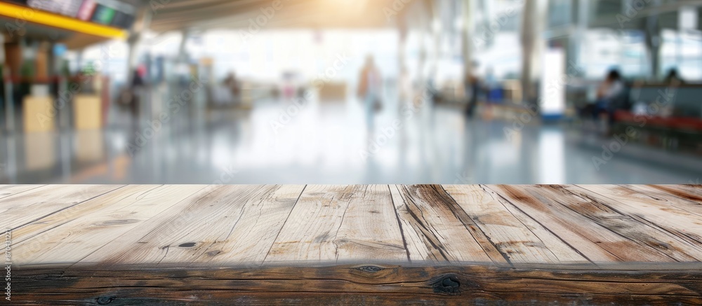 Sticker A clear wooden table with space for product display, set against a blurred airport passenger terminal background, ideal for a copy space image.