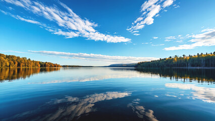 Fototapeta premium Stunning blue sky at the lake, some clouds reflect in the calm water, a forest in the background. Landscape photography, natural beauty, Nature, environment, climate change concepts.