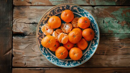 "A close-up shot from above of a bowl filled with mandarin oranges on a wooden table."





