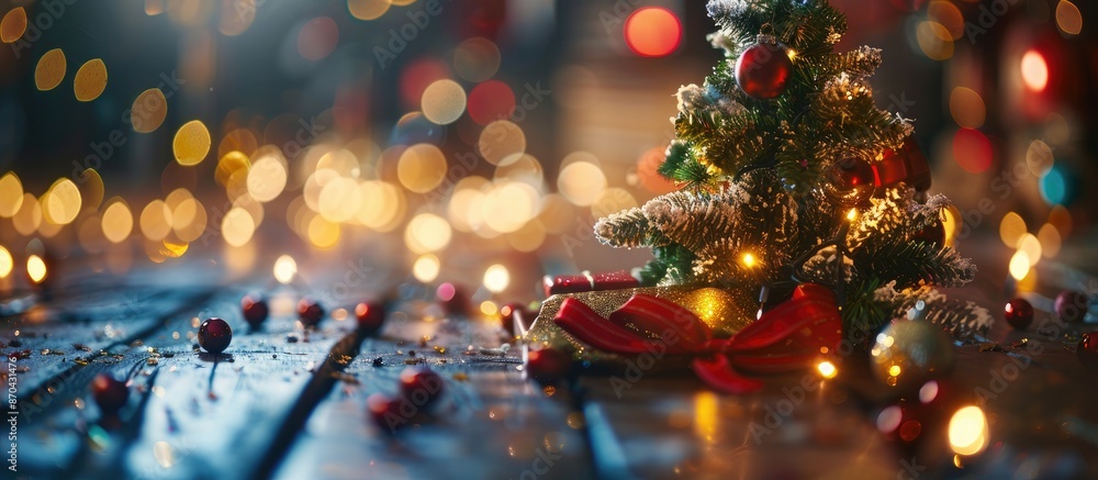 Poster create a christmas tree on a table with festive toys, lights, and an empty space for greeting cards 