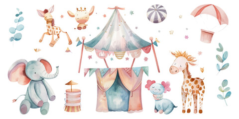 Watercolor circus clipart with cute animals, magic show and tent isolated on white background