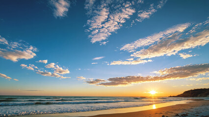 Obraz premium Stunning sunset at the beach, some clouds in the sky, calm sea, sand and vegetation in the background. Landscape photography, natural beauty, Nature, environment, climate change concepts.