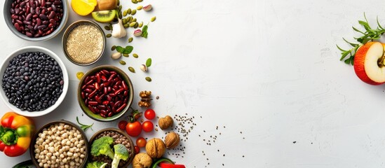 Assortment of nutritious organic superfoods like beans, nuts, fruit, and vegetables arranged on a white surface with space for text or images. Overhead shot capturing a stylish layout
