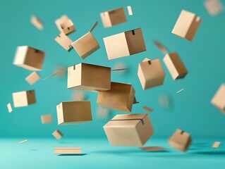 Many cardboard boxes flying in the air on blue background. 3d rendering