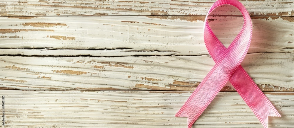 Poster top view of pink awareness ribbon displayed on a light wooden table with ample copy space image avai