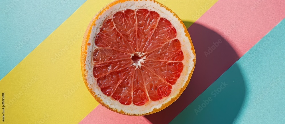 Poster top view of a fresh grapefruit with juicy slices on a colored background, following a creative summe