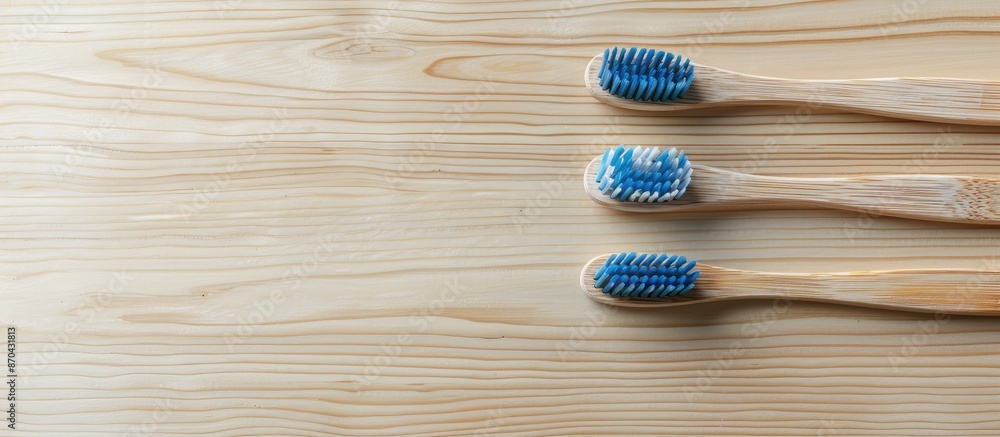 Poster top view of toothbrushes on a light wood background with ample copy space image for text.