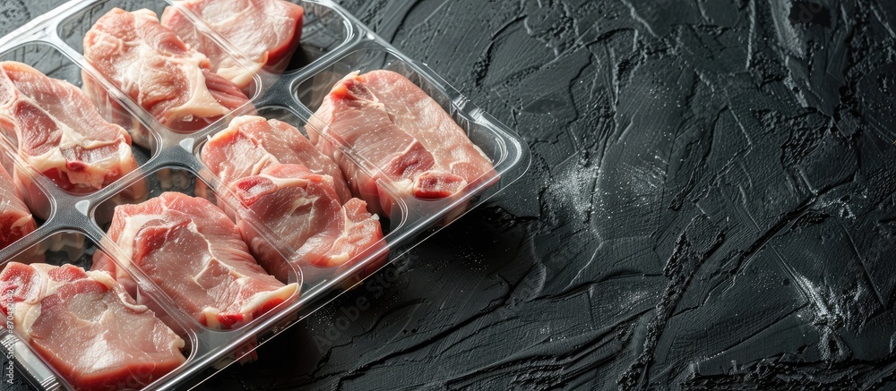 Poster packaged pork cuts for grilling, baking, or frying, displayed in plastic containers on a dark stone 
