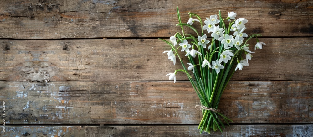 Poster spring snowdrop bouquet on rustic wood backdrop with copy space image. illustrating holiday theme wi