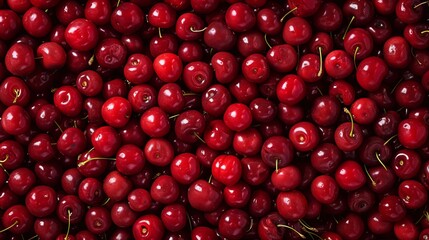 "Close-up top view of fresh, ripe sweet cherries."





