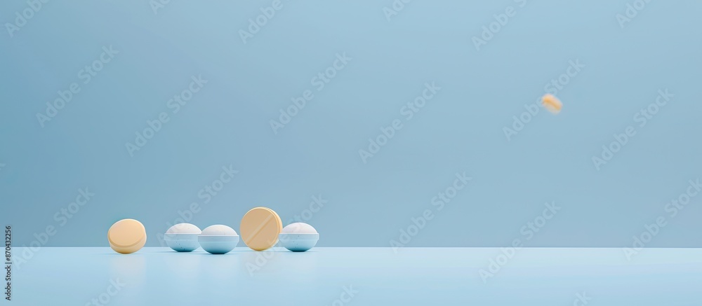 Poster medication and pills placed against a blue backdrop, with a generous area for adding additional visu