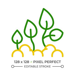 Plant development two color line icon. Seed germination. Crop management. Seedling growth stages. Life cycle bicolor outline symbol. Duotone linear pictogram. Isolated illustration. Editable stroke