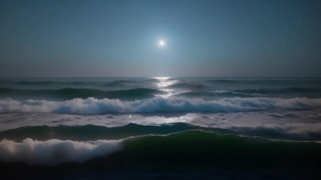 Soft moonlight reflects on the shimmering ocean as light trails weave in between the waves crashing against the shore.