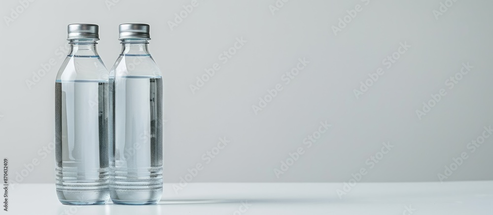 Poster two clear plastic bottles with liquid and silver caps, positioned upright and on their side, are dis