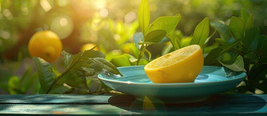 A summery scene with a yellow lemon slice on a blue saucer against a green backdrop with sunlight filtering through the foliage, creating a serene copy space image.