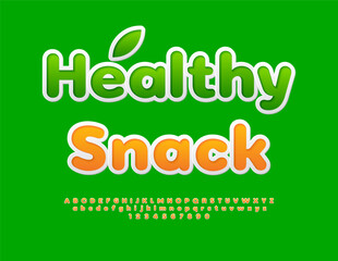 Vector eco template Healthy Snack. Bright sticker Font. Artistic Alphabet Letters and Numbers set