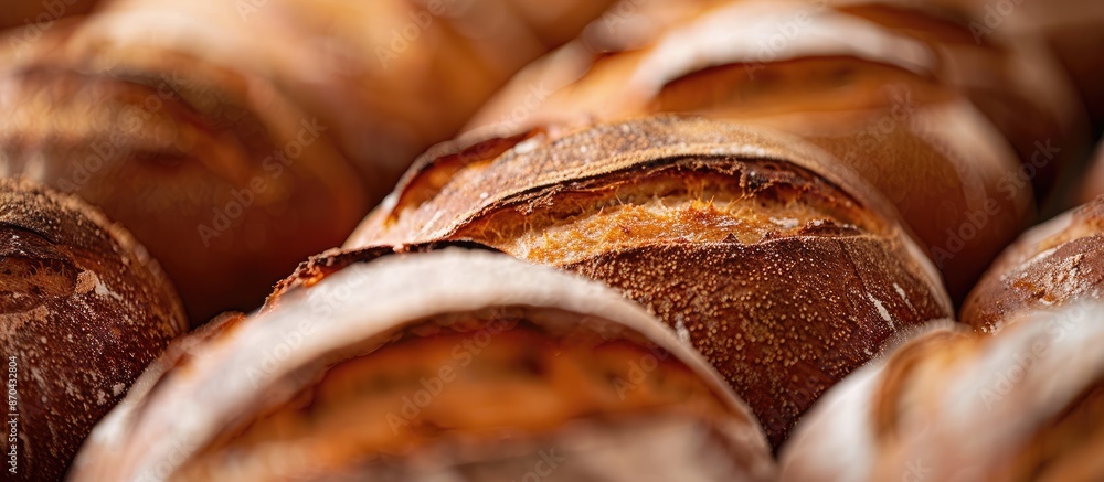 Poster Close-up view of rows of freshly baked whole-wheat bread loaves with copy space image available.