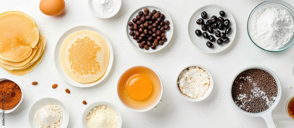 Aufkleber ingredients for making a pancake being cooked in a top view style on a white background with copy sp