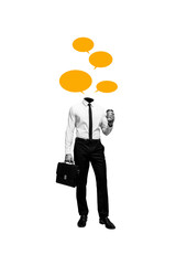 Vertical photo collage of headless businessman hold coffee cup briefcase text box communication concept isolated on painted background