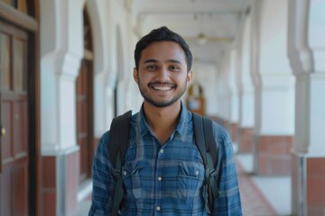 Obraz premium Indian man smiling with backpack on campus happy about education.