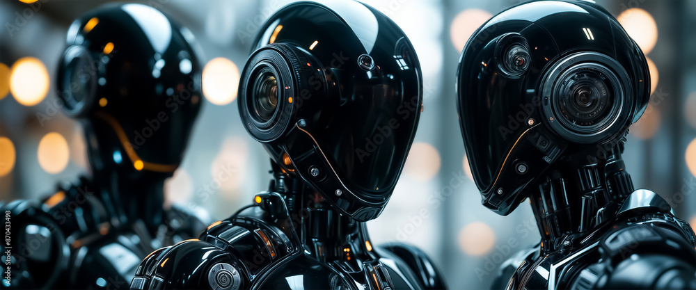 Poster android robots. three shiny black robots. sky-fi robots. fantastic banner