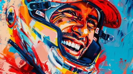 Racing driver wearing crash helmet in supercar, close up watercolor portrait