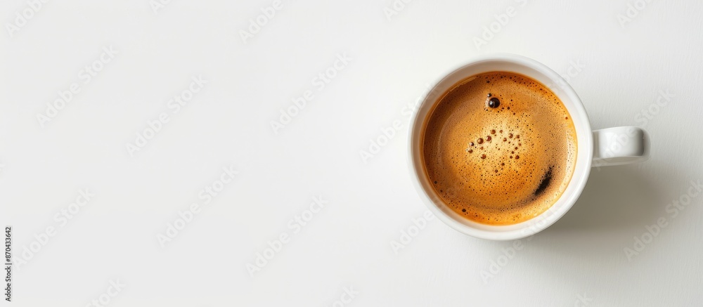 Poster A cup of coffee seen from above on a white background with ample copy space image.