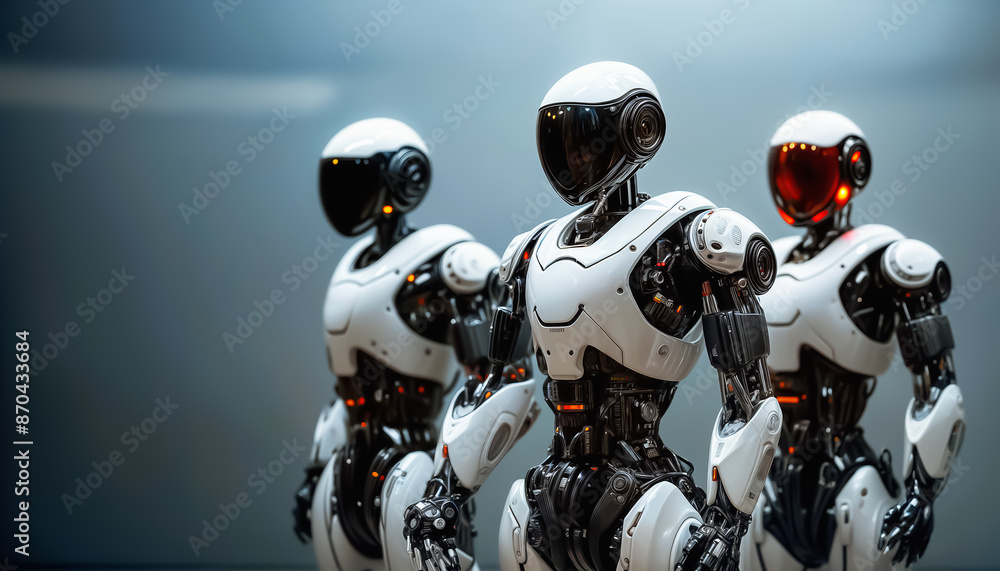 Poster android robots. three white robots. sky-fi robots are ready. fantastic banner