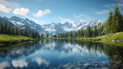 Fototapeta premium Tranquil Alpine Paradise: Clear Lake Reflecting Snow-Capped Peaks