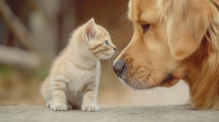 A cat and a dog are standing next to each other, with the cat looking at the dog