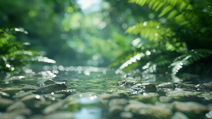 Serene Hidden Forest Stream with Clear Water Flowing Over Smooth Stones Among Lush Greenery