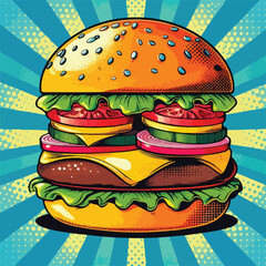 Vector illustration of a burger sandwich in pop art style