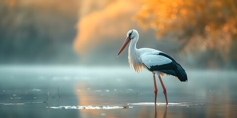 Obraz premium A tall stork with long legs and neck standing in water. Concept The majestic stork gracefully standing in the water