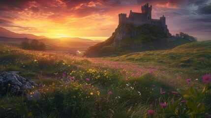Fototapeta premium Breathtaking sunset over castle on hill with colorful flower meadow and golden sky