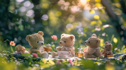 Teddy bears having a tea party in the sunny garden. Cute toys enjoy outdoor picnic with warm sunlight and flowers.