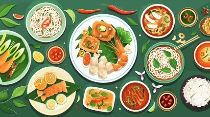 Local cuisine, traditional meal presentation, flat design illustration
