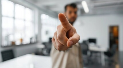 Finger pointing directly at the camera with the person pointing blurred in background standing at a white office
