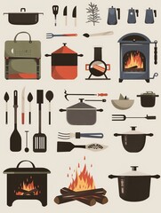 Camping gear, campfire cooking setup, flat design illustration
