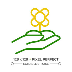 Floriculture two color line icon. Flower farming. Ornamental horticulture. Plant cultivation. Floral industry bicolor outline symbol. Duotone linear pictogram. Isolated illustration. Editable stroke