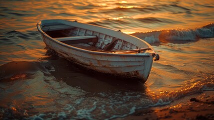 Fototapeta premium Serene Sunset Scene: Rowboat Anchored on Shore with Golden Glow, Sony A7S III Shot