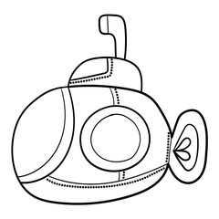 Black and white illustration of a small rounded submarine, black and white clipart, coloring page