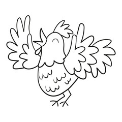 Black and white illustration of a smiling clucking hen, clipart, coloring page