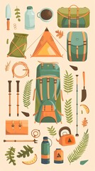 Camping gear, hiking equipment in nature, flat design illustration