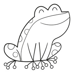 Black and white illustration of a smiling frog sitting on the ground, clipart, coloring page