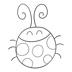 Black and white illustration of a cute smiling ladybug, clipart, coloring page