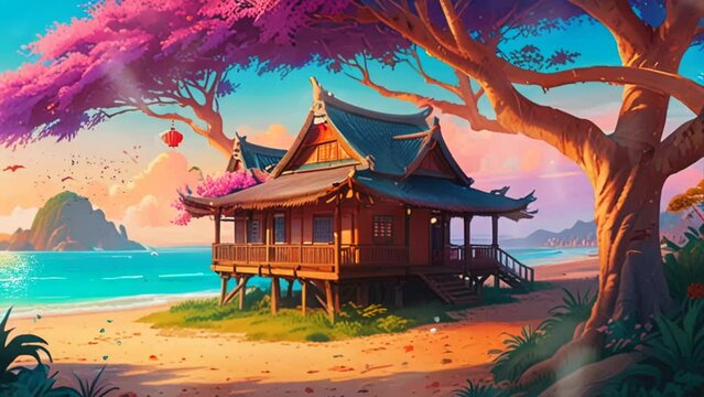 wooden house with thatched roof in asian style with beach background in anime style, in smooth looping background with 4K vidio animation.
