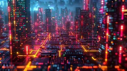 Glowing Cityscape of Neon lit Digital Circuits and Microchips