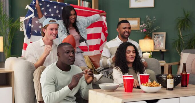 USA flag, friends and celebration on sofa watching tv for touchdown, sports or event in living room. Clapping, diversity and people with alcohol, happiness or field goal from football team in home